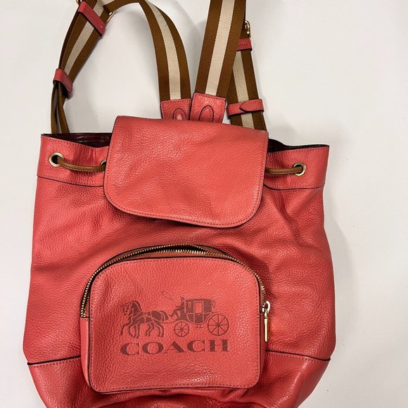 Coach 90399 Jes Horse & Carriage Logo Embossed Bright Coral Back Pack - Picture 1 of 10